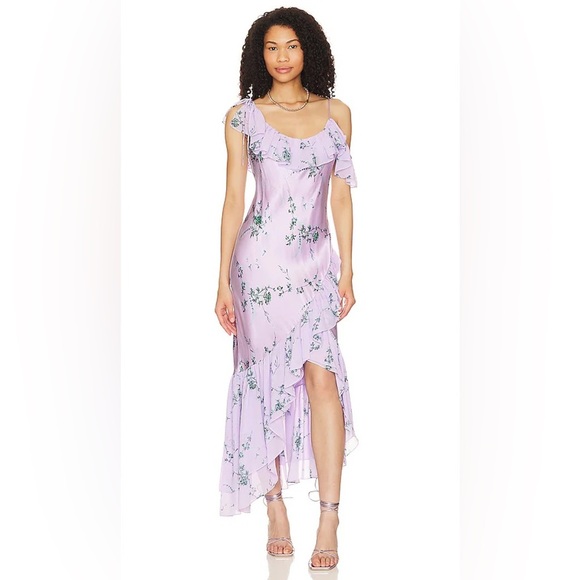 NEW Cinq a Sept Womens Kersti Silk Dress 12 Lined Midi Ruffle Lilac Wine Revolve - Picture 2 of 15